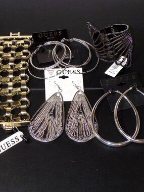 New Lot of 5 Guess $139 Tags Statement Silver Metals Earrings & Bracelets Bundle